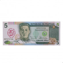 P#177a 5 Piso 1989 FE Filipinas Ásia 40 anos do Banco Central
