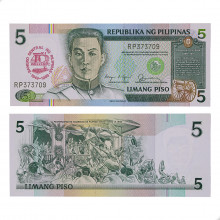 P#177a 5 Piso 1989 FE Filipinas Ásia 40 anos do Banco Central