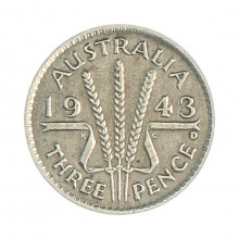 Km#37 3 Pence 1943 D SOB Austrália Oceania Prata 0.925 16(mm) 1.41(gr)