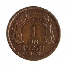 Km#179 1 Peso  1943 SO MBC  Chile  América  Cobre 25(mm) 7.5(gr)