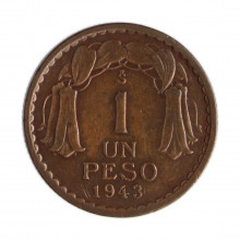 Km#179 1 Peso 1943 SO MBC Chile América Cobre 25(mm) 7.5(gr)