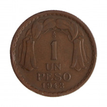 Km#179 1 Peso  1943 SO MBC  Chile  América  Cobre 25(mm) 7.5(gr)