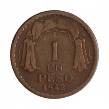 Km#179 1 Peso  1942 SO MBC  Chile  América  Cobre 25(mm) 7.5(gr)