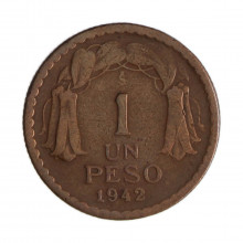 Km#179 1 Peso 1942 SO MBC Chile América Cobre 25(mm) 7.5(gr)