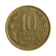 Km#228.2 10 Pesos 2008 SO MBC Chile  América  Cobre-alumínio-níquel 21(mm) 3.5(gr)
