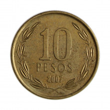 Km#228.2 10 Pesos 2007 SO MBC Chile  América  Cobre-alumínio-níquel 21(mm) 3.5(gr)