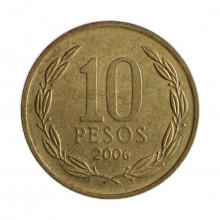 Km#228.2 10 Pesos 2006 SO MBC Chile  América  Cobre-alumínio-níquel 21(mm) 3.5(gr)