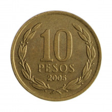 Km#228.2 10 Pesos 2005 SO MBC Chile  América  Cobre-alumínio-níquel 21(mm) 3.5(gr)