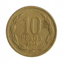 Km#228.2 10 Pesos 2004 SO MBC Chile  América  Cobre-alumínio-níquel 21(mm) 3.5(gr)