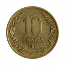 Km#228.2 10 Pesos 2002 SO MBC Chile  América  Cobre-alumínio-níquel 21(mm) 3.5(gr)