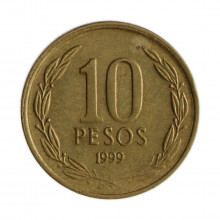 Km#228.2 10 Pesos 1999 SO MBC Chile  América  Cobre-alumínio-níquel 21(mm) 3.5(gr)