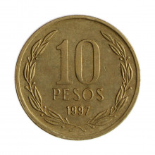 Km#228.2 10 Pesos 1997 SO MBC Chile América Cobre-alumínio-níquel 21(mm) 3.5(gr)