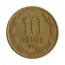 Km#228.2 10 Pesos 1995 SO MBC Chile América Cobre-alumínio-níquel 21(mm) 3.5(gr)