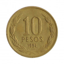 Km#228.2 10 Pesos 1994 SO MBC Chile  América  Cobre-alumínio-níquel 21(mm) 3.5(gr)