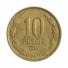 Km#228.2 10 Pesos 1994 SO MBC/SOB Chile  América  Cobre-alumínio-níquel 21(mm) 3.5(gr)