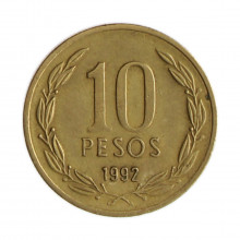 Km#228.2 10 Pesos 1992 SO MBC Chile  América  Cobre-alumínio-níquel 21(mm) 3.5(gr)