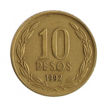 Km#228.2 10 Pesos 1992 SO MBC+ Chile  América  Cobre-alumínio-níquel 21(mm) 3.5(gr)