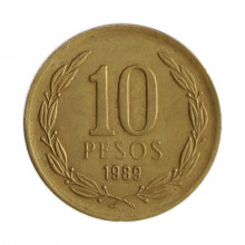 Km#218 10 Pesos 1989 SO MBC Chile  América  Níquel com revestimento de latão  21(mm) 3.5(gr)