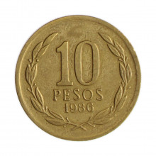 Km#218 10 Pesos 1986 SO MBC+ Chile  América  Níquel com revestimento de latão  21(mm) 3.5(gr)