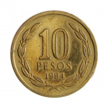 Km#218 10 Pesos 1984 SO MBC Chile  América  Níquel com revestimento de latão  21(mm) 3.5(gr)