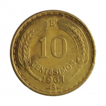 Km#191 10 Centésimos 1967 SO MBC Chile América C/ Peq. Mossa Bronze de alumínio 27.17(mm) 8(gr)