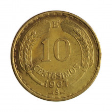 Km#191 10 Centésimos 1967 SO MBC  Chile  América  C/ Peq. Mossa  Bronze de alumínio 27.17(mm) 8(gr)