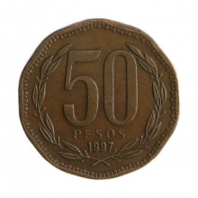 Km#219.2 50 Pesos  1997 SO MBC Chile  América  Cobre-alumínio-níquel 25(mm) 7(gr)