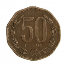 Km#219.2 50 Pesos  1994 SO MBC Chile  América  Cobre-alumínio-níquel 25(mm) 7(gr)