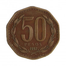 Km#219.2 50 Pesos  1992 SO MBC Chile  América  Cobre-alumínio-níquel 25(mm) 7(gr)