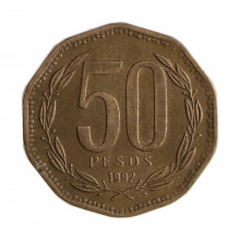Km#219.2 50 Pesos  1992 SO MBC+ Chile  América  Cobre-alumínio-níquel 25(mm) 7(gr)