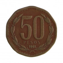 Km#219.2 50 Pesos  1991 SO MBC Chile  América  Cobre-alumínio-níquel 25(mm) 7(gr)