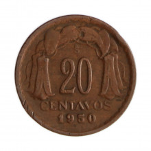 Km#177 20 Centavos 1950 SO MBC Chile América Cobre 18(mm) 3(gr)