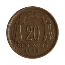 Km#177 20 Centavos 1943 SO MBC Chile América Cobre 18(mm) 3(gr)