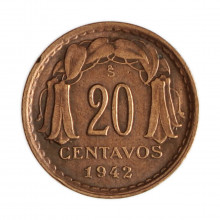 Km#177 20 Centavos 1942 SO MBC+ Chile  América  Cobre 18(mm) 3(gr)