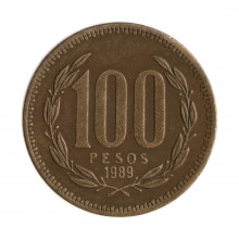 Km#226.2 100 Pesos  1989 SO MBC Chile  América  Bronze de alumínio 27(mm) 9(gr)
