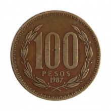 Km#226.1 100 Pesos  1987 SO MBC Chile  América  Bronze de alumínio 27(mm) 9(gr)