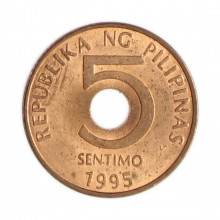 Km#268 5 Sentimos 1995 Pl SOB/FC Filipinas Ásia Aço com revestimento de cobre 15.5(mm) 1.9(gr)