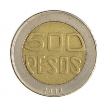 Km#286 500 Pesos  2008 MBC Colômbia  América  Bimetálico 23.8(mm) 7.4(gr)