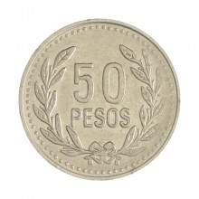 Km#283.2a 50 Pesos 2008 MBC Colômbia  América  Latão com Revestimento de Níquel  21.5(mm) 4.35(gr)