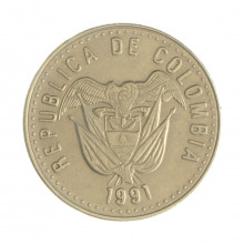 Km#283.1 50 Pesos 1991 MBC Colômbia  América  Latão com Revestimento de Níquel  21.5(mm) 4.35(gr)