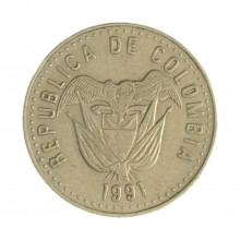 Km#283.1 50 Pesos 1991 MBC Colômbia  América  Latão com Revestimento de Níquel  21.5(mm) 4.35(gr)
