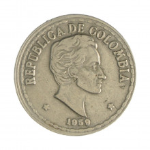 Km#215.1 20 Centavos  1959 MBC Colômbia  América  Cupro-Níquel 23(mm) 5(gr)