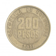 Km#287 200 Pesos 2011 MBC Colômbia  América  Latão com revestimento de níquel  24.4(mm) 7.08(gr)