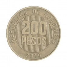 Km#287 200 Pesos 2010 MBC Colômbia  América  Latão com revestimento de níquel  24.4(mm) 7.08(gr)