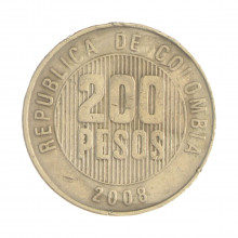 Km#287 200 Pesos 2008 MBC Colômbia  América  Latão com revestimento de níquel  24.4(mm) 7.08(gr)