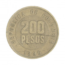 Km#287 200 Pesos 1996 MBC Colômbia  América  Latão com revestimento de níquel  24.4(mm) 7.08(gr)
