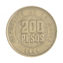 Km#287 200 Pesos 1994 MBC Colômbia  América  Latão com revestimento de níquel  24.4(mm) 7.08(gr)