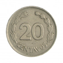 Km#77.1c 20 Centavos  1966 MBC Equador  América  Aço com revestimento de níquel  21(mm) 3.6(gr)