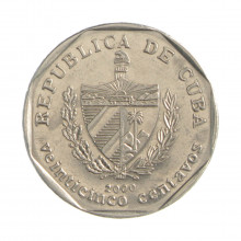 Km#577.2 25 Centavos 2000 MBC+ Cuba América  Aço com revestimento de níquel 23(mm) 5.65(gr)