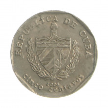 Km#575.2 5 Centavos 2002 MBC Cuba América  Aço com revestimento de níquel 18(mm) 2.65(gr)